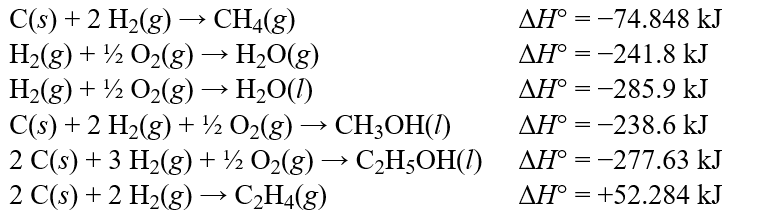Some workers in central research were talking around the lunch table. They claim to have an idea for a process that might possibly convert C<sub>2</sub>H<sub>4</sub>(g)to C<sub>2</sub>H<sub>5</sub>OH(l), an alternative fuel. It would require two steps:   It is known that for the reaction, NaOH(s)→ NaOH(aq), ΔH° = −44.505 kJ. Using the values below, what is the calculated value of ΔH° for the proposed reaction?Hint: Be sure to adjust your signs whenever you reverse a reaction.  