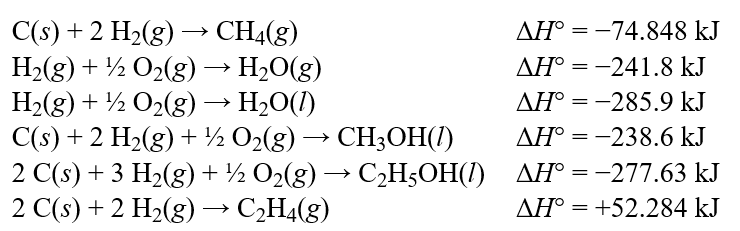  A check of the formulas of methane, water, and methanol suggests that the reaction, CH<sub>4</sub>(g) + H<sub>2</sub>O(g)  \rarr  CH<sub>3</sub>OH(l) + H<sub>2</sub>(g) could be made to occur under the correct conditions. This is a wild idea, but the chemist thinks it is just a matter of the right catalyst combination, reactor temperature, and pressure. Using the values in the table below, what is the calculated value of ?H° for Mike's proposed reaction   Hint: Be sure to adjust your signs whenever you reverse a reaction. A) -78.0 kJ B) +78.0 kJ C) -122.1 kJ D) +122.1 kJ E) +368.9 kJ 