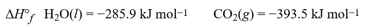 The standard enthalpy of combustion for oxalic acid, H<sub>2</sub>C<sub>2</sub>O<sub>4</sub>(s), is −251.9 kJ mol<sup>−1</sup>. Using this data and the standard enthalpies of formation,   calculate the standard enthalpy of formation of H<sub>2</sub>C<sub>2</sub>O<sub>4</sub>(s), in kJ mol<sup>−1</sup>.Hint: Pay careful attention to your signs when calculating the enthalpy.