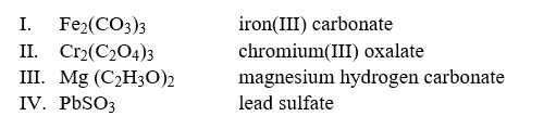 Select the examples in which the names do not correctly match the formulas of the compounds indicated.   Hint: Write the correct name of each formula without looking at the names and then compare it to the choices. A) II only B) II and III C) III and IV D) I and IV E) I, II and IV