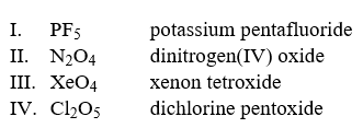 Select the examples in which the names do not correctly match the formulas of the compounds indicated.   Hint: Write the correct name of each formula without looking at the names and then compare it to the choices. A) II only B) II and III C) III and IV D) I and II E) I, II and IV