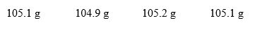 An instructor gives a student a 103.1 g sample of a compound. A student takes this sample and using one of the laboratory balances measures the sample 4 times. He got the following results:   Based on these results, how would the student's measurements best be characterized? Assume that the sample's mass is actually 102.1 g. A) The measurements are both accurate and precise. B) The measurements are accurate but not precise. C) The measurements are precise, but not accurate. D) The measurements are neither accurate nor precise. E) The measurements say nothing about accuracy or precision.