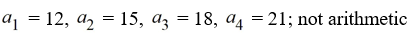 Find the first four terms of the sequence   = -3n + 9, for n = 1, 2, 3, ... If the sequence is arithmetic, find the common difference d. A)    B)    C)    D)   