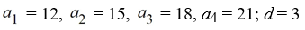 Find the first four terms of the sequence   = -3n + 9, for n = 1, 2, 3, ... If the sequence is arithmetic, find the common difference d. A)    B)    C)    D)   