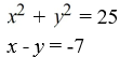 Solve the system of equations by applying the substitution method.   A)  (5, 0)  B)  (-4, -3)  C)  (-3, 4) , (-4, 3)  D)  no solution