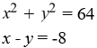 Graph each equation and find the point(s)  of intersection.   A)  (8, 0) , (0, -8)  B)  (0, 8) , (-8, 0)  C)  (0, 8)  D)  no solution