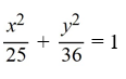 Find the standard form of the equation of an ellipse with vertices (-6, 0)  and (6, 0)  and minor axis (0, -5)  and (0, 5) . A)    B)    C)    D)   