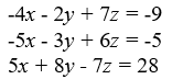 Use Cramer's Rule to either solve the system of equations, determine if the system is inconsistent (no solution) , or dependent (infinitely many solutions) .   A)  (-3, 4, -5)  B)  (-5, 4, -3)  C)  inconsistent D)  dependent