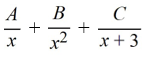 Select the form of the partial fraction decomposition for the given rational expression. Do not solve for the constants.   A)    B)    C)    D)   