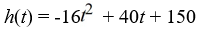 A person standing near the edge of a cliff 150 feet above a lake throws a rock upward with an initial speed of 40 feet per second. The height of the rock above the lake at the bottom of the cliff is a function of time and is described     -How many seconds will it take until the rock reaches its maximum height? What is that height?
