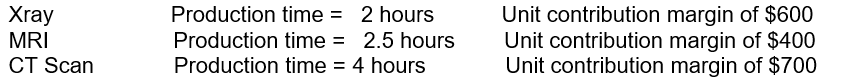 Mejor Medical Machines sells three types of hospital equipment. Information on these machines is as follows:   Total fixed costs for the year are $2,240,000. Based on this information, if Mejor Medical can produce any or all of the equipment items, and has no production constraints, what would the optimal product mix be in order to maximize the operating income of Mejor Medical for the period?