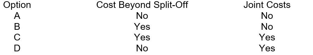 The sales price at split-off is used to allocate   A) A. B) B. C) C. D) D.