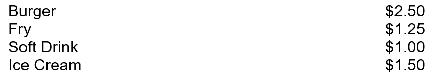 Burger Queen offers a lunch meal deal for its customers. The customer will get a burger, fry, soft drink, and ice cream for $5. If the customer were to buy each item individually, the cost would be broken down as follows:   Using the incremental cost allocation, how must of the transaction price should be allocated to the fry, soft drink, and ice cream? (do not round intermediary calculations)  