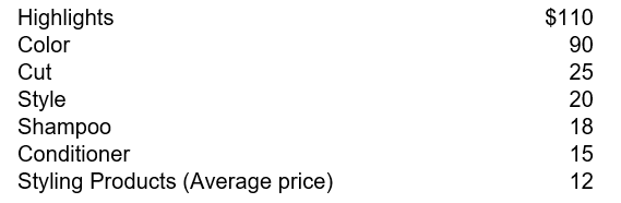 Steph just started a hair salon business and is working on providing specials for her customers. She offers various services and would like to package some of the services and products she provides at a special bundled price. She is considering two options: • Option one would allow customers to get their hair colored, cut, styled, and purchase a shampoo and conditioner for $150.  • Option two would provide customers with highlights, a cut, style, shampoo, conditioner, and two styling products of their choosing for $200. The normal prices that Steph charges a customer, for each product or service, is as follows:   Instructions  a.Calculate the allocated price, using the stand-alone method, for option 1 to each service or product provided. (Do not round intermediary calculations. Round the final answers to the nearest cent.) b.Calculate the allocated price, using the stand-alone method, for option 2 to each service or product provided. (Do not round intermediary calculations. Round the final answers to the nearest cent.) c.Which option do you feel provides the best discount to the customers and why?
