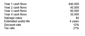 Reyes Consulting is considering an investment in equipment for $175,000. Information related to this purchase is as follows:    Instructions a. Determine the net present value of the investment. b. Calculate the simple payback period for the investment. c. Using Excel, calculate the internal rate of return for the investment. d. Calculate the profitability index. e. Should the investment be undertaken?