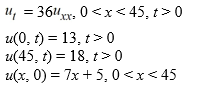 The ends of a rod 45 cm in length are connected to reservoirs that maintain the temperature at 13°C at x = 0 and 18°C at x = 45. The initial boundary value problem governing how heat conducts through the rod is as follows:   What is the transient temperature w(x, t)  portion of the solution of the initial value boundary value problem? A)   B)   C)   D)  