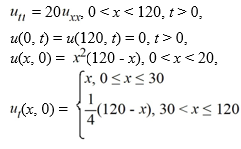 Suppose the following initial boundary value problem governs the shape of a string 120 cm long, where t is measured in minutes:   What is the initial velocity of the string at the point x = 90?<div style=padding-top: 35px> 