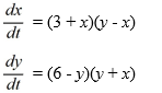 Consider the following nonlinear system:   Which of the following statements are true? Select all that apply. A)  (-3, 3)  is an asymptotically stable node. B)  (3, -3)  is an unstable spiral node. C)  (-3, 3)  is an unstable node. D)  (6, 6)  is an unstable node. E)  (6, -6)  is an unstable node. F)  (6, 6)  is an asymptotically stable node. G)  (0, 0)  is a saddle point. H)  (-6, -6)  is an asymptotically stable node.