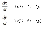  Consider this competing species model:   Which of the following statements are true? Select all that apply. A)  The entire first quadrant is the basin of attraction for the critical point   \left(-\frac{1}{3}, \frac{5}{3}\right)   . B)  The origin is an unstable node. C)  Both   \left(-\frac{6}{7}, 0\right)    and   \left(-\frac{2}{3}, 0\right)    are saddle points. D)  Both   \left(\frac{6}{7}, 0\right)    and   \left(0, \frac{2}{3}\right)    are saddle points E)  All solution trajectories approach the origin as   t \rightarrow \infty  . F)  The critical point   \left(-\frac{1}{3}, \frac{5}{3}\right)    corresponds to coexistence in this model. 