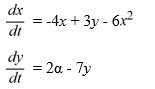  Suppose ? is a real parameter. Consider this competing species model:   Which of these are true? Select all that apply. A)  The origin is a critical point of this system for all values of   \alpha  . B)  The   x  -nullcline is the curve   \frac{6}{3} x^{2}+\frac{4}{3} x  . C)  The   y  -nullcline is the horizontal line   y=\frac{2}{7} \alpha  . D)  The system has no critical points for values of   \alpha<-\frac{7}{9} 