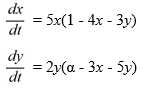 Suppose ? is a positive real parameter. Consider this competing species model:   What are the nullclines for this system? A)  x = 0 B)  y = 0 C)    D)  4x + 3y = 1 E)    F)   G)   H)  