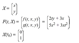 Consider the system of initial value problems given by   This problem can be expressed using matrix notation as   where   When using the Euler method with h = 0.1, t<sub>2</sub> = ________<div style=padding-top: 35px> 