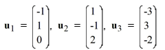 Are the vectors u<sub>1</sub> , u<sub>2</sub> , and u<sub>3</sub> linearly independent or linearly dependent? If they are linearly dependent, identify appropriate constants A, B, and C for which A u<sub>1</sub> + Bu<sub>2</sub> +Cu<sub>3</sub> = 0  that demonstrates this fact.   