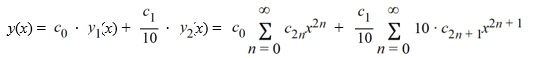Consider the second-order differential equation   + 100y = 0. Assume a solution of this equation can be represented as a power series    Assume the solution of the given differential equation is written as     Identify elementary functions for y<sub>1</sub> (x) and y<sub>2</sub> (x).  y<sub>1</sub> (x) = ________ y<sub>2</sub> (x) = ________