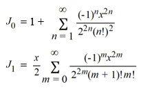  Consider the Bessel functions of the first kind of orders zero and one, respectively, given by   . Which of these are properties of these functions? Select all that apply. A)    J_{0}   has only finitely many zeroes for   x>0  . B)  Both series converge absolutely for all real numbers   x  . C)    J_{1}(x) =-J_{0}{ }^{\prime}(x)   , for all real numbers   x  . D)    J_{0}(x)  \rightarrow 0   as   x \rightarrow 0^{+}   E)    J_{0}(x)  \cong\left(\frac{2}{\pi x}\right) ^{\frac{1}{2}} \cos \left(x-\frac{\pi}{4}\right)    as   x \rightarrow \infty   F)    J_{0}(x)  \cong\left(\frac{2}{\pi x}\right) ^{\frac{1}{2}} \sin \left(x-\frac{\pi}{4}\right)  