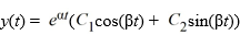  Suppose a 6-lb object stretches a spring 1.75 feet while in equilibrium. If the object is displaced an additional 1 inches and is then set in motion with an initial upward velocity of -0.8 feet per second. For what values of  \alpha  and  \beta is the function   the general solution of the equation of motion for this spring-mass system? Round your answer to three decimal places.  \alpha  = ________,  \beta  = ________ 