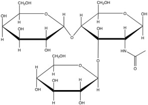  What glycosidic bonds are seen in the following portion of an N-linked oligosaccharide? Abbreviations: galactose: Gal; glucose: Glu; N-acetylglucosamine: NAG   A)  F  \alpha  (1  \rarr  4)  between Gal and NAG;   \beta  (1  \rarr  6)  between Glu and NAG B)     \beta   (1  \rarr  4)  between Gal and NAG;   \alpha  (1  \rarr  3)  between Glu and NAG C)    \beta  (1  \rarr  3)  between Gal and NAG;   \alpha  (1  \rarr  4)  between Glu and NAG D)    \alpha  (1  \rarr  4)  between Gal and NAG;   \beta  (1  \rarr  3)  between Glu and NAG E)    \beta    (1  \rarr  4)  between Gal and NAG;   \beta  (1  \rarr  3)  between Glu and NAG 