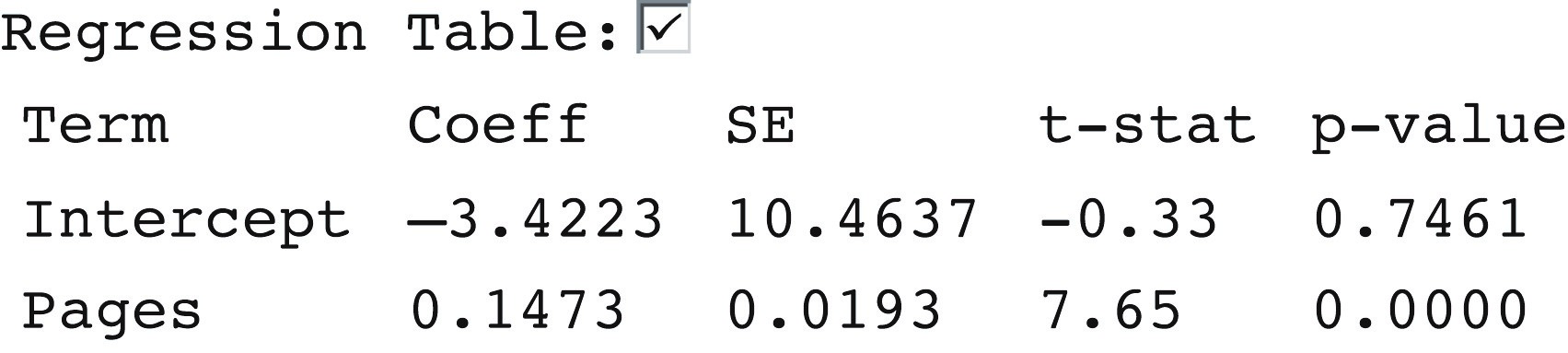 How is the number of pages in a textbook related to the price of the textbook? To find out, two Cal Poly freshmen (2006) randomly selected 30 textbooks at the campus bookstore and recorded the price ($) and number of pages for each book. Here's output from analyzing the data collected in the Corr/Regression applet. Assume, for now, that the normal approximation-based method is valid, and thus, the p-value from the Regression Table below is valid.   -We can conclude that the price of a textbook will increase if we add more pages.