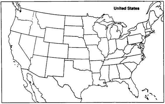 Label the map: PRESIDENTIAL ELECTION, 2000. You will need pens of two different colors to complete this exercise. Use the map  Presidential Election, 2000  in the text as a reference.    Refer to Map Exercise 29-1. 