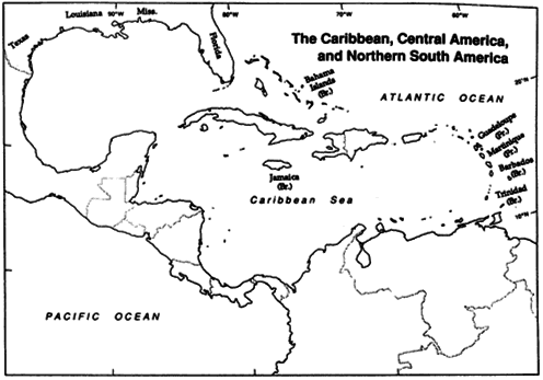 Map Exercise 22-1On the first outline map that follows, and using the map  The United States and Latin America Between the Wars  in the text as a reference:    Refer to Map Exercise 22-1 Mark the location of and label the following cities: Bogotá, Colombia Caracas, Venezuela Guantanamo, Cuba Havana, Cuba Houston, Texas Mexico City, Mexico Miami, Florida New Orleans, Louisiana Veracruz, Mexico