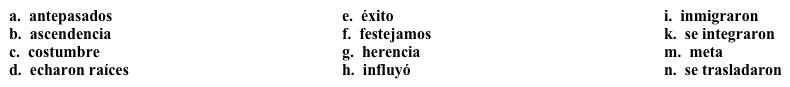 Vocabulario Mi familia  Para la clase de español, tienes que contarle sobre tu familia a un compañero de tu clase. Completa la historia de tu familia con la opción apropiada de la siguiente lista. (No todas las opciones se utilizan).    En realidad, no sé muy bien quiénes son mis 1. ______.  Mi 2. ______ es una mezcla de varias nacionalidades. No sé exactamente qué nacionalidades, pero creo que hay sangre irlandesa, alemana y sueca en mi familia. No sé cuándo mis antepasados 3. ______ a Estados Unidos, pero creo que fue en el siglo XIX. Viajaron al Medio Oeste y 4. ______, y por lo general, mi familia se ha quedado en la misma región hasta ahora. Sé de unos parientes que 5. ______ a otros estados para trabajar, pero que yo sepa, se fueron a estados cercanos al mío.   Realmente no tenemos una 6. ______ cultural muy definida; supongo que más que nada nos consideramos estadounidenses. Nosotros 7. ______ las celebraciones del país, pero no mantenemos ninguna 8. ______ de nuestros antepasados. Por eso, creo que ellos 9. _______ con mucho 10. ______ a la cultura nueva. Pero me da un poco de tristeza que no tengamos ninguna tradición histórica que hayamos mantenido a través de los años.<div style=padding-top: 35px> 
