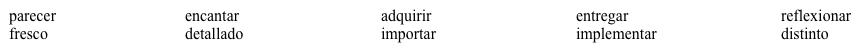 Vocabulario Para describir un blog. Estás leyendo un blog sobre buceo (scuba diving) en preparación para ir a Puerto Rico a bucear. Encontraste uno que te encantó, y quieres dejar un mensaje al creador del blog. Usa el siguiente banco de palabras para completar tu carta. ¡Asegúrate de conjugar los verbos en el presente cuando sea necesario y que haya concordancia con los adjetivos!    Estimado Carlos: Es la primera vez que visito tu blog. ¡Me 1. _____________! Me 2 _____________ muy 3. _____________ y 4. _____________. Creo que es muy 5. _____________ ya que dices muchas cosas que yo nunca había escuchado, pese a que tengo un año practicando el buceo. A medida que más lo leo, estoy al tanto de todo lo que necesito saber para mi próximo viaje a Puerto Rico. Quisiera 6. _____________ más equipo antes de partir, pero necesito 7. _____________ si realmente lo necesito o podría rentarlo solamente. No me 8. _____________ el gasto, pero quiero tomar la decisión correcta. Gracias de antemano (in advance) por tu respuesta.<div style=padding-top: 35px> 