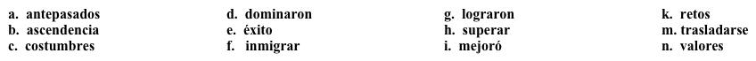CompletionVocabularioUn abuelo  adoptado   Para una clase de antropología, necesitas  adoptar  a un abuelo y entrevistarlo. Como primer paso, necesitas escribir las preguntas que le vas a hacer durante la entrevista. Completa las preguntas con la opción apropiada de la siguiente lista.    ·      ¿Cuál es su 1. ______? ·      ¿Cuándo inmigraron sus 2. _______ a Estados Unidos?·      ¿Tuvieron que 3. ______ muchos obstáculos para asimilar la nueva cultura?·      ¿Deseaban sus antepasados 4. ______ al nuevo país, o tuvieron que 5. ______ por otras causas como la guerra?·      ¿Cuáles son las 6._____ y creencias que Ud. ha aprendido de sus padres y abuelos?·      En su opinión, ¿tuvieron 7. ______ sus antepasados en adaptarse a la nueva cultura?  ¿8._______ sus sueños?·      ¿Cuáles fueron los 9. _____ que enfrentaron sus antepasados al llegar a Estados Unidos? ·      ¿Piensa Ud. que los 10. ______ de los inmigrantes de hoy en día son diferentes de los de los inmigrantes en épocas pasadas, o respetan las mismas ideas?·      ¿En cuánto tiempo 11. ______ sus antepasados el inglés? ·      ¿Cree Ud. que la calidad de vida de sus antepasados 12. ______ como resultado de inmigrar a Estados Unidos?