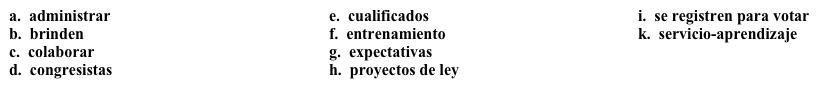 Campaña para jóvenes: Objetivos  La organización decide establecer algunos objetivos concretos para poder medir el progreso de su campaña. Completa los espacios en blanco con la opción apropiada.   ·      Queremos 1. ______ con nuestros 2. ______ y sus asistentes legislativos para patrocinar (sponsor) nuevos 3. _______. ·      Queremos trabajar con universidades y escuelas que 4. ______ programas de 5. _______ que tengan como objetivo la participación cívica.·      Queremos establecer 6. ______ claras para los voluntarios en nuestra campaña y empezar un programa de 7. _______ para aprovechar mejor sus habilidades.·      Queremos que los jóvenes en nuestra comunidad 8. ______. Para lograr ese objetivo vamos a hacer varias campañas. En las últimas elecciones, votaron 250.000 jóvenes.  Queremos que 250.000 jóvenes más voten en las elecciones de este año.·      Queremos 9. ______ un programa para niños con la meta de reducir el analfabetismo.  Buscamos voluntarios 10. ______ para trabajar con 5 niños cada semana.