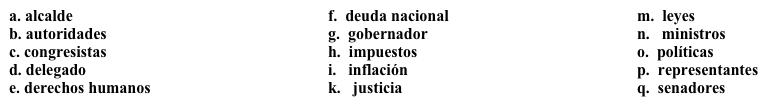 Un trabajo nuevo: La política  Tu jefe quiere que prepares una explicación del sistema político de Estados Unidos para los estudiantes internacionales. Completa los espacios en blanco con la opción apropiada. (No todas las opciones se usan).   El sistema de gobierno estadounidense es una república constitucional. Hay tres ramas, y en teoría, la división de poderes sirve para limitar el poder de cada rama y así crear un gobierno equitativo. Las tres ramas son la rama ejecutiva, que incluye el presidente y sus 1. _____; la rama legislativa, que incluye los 2. ______ y los 3. ______, y la rama judicial, que incluye la Corte Suprema y otras cortes. Las funciones del gobierno se dividen entre las tres ramas. Los 4. ______ proponen  proyectos de ley, pero el presidente tiene el poder de rechazarlos. Sin embargo, si 2/3 de los congresistas no están de acuerdo con el presidente, los proyectos de ley se pueden aprobar. Las cortes aseguran que la 5. ______ se aplique a todos; interpretan las 6. _______ y deciden si son justas o no.Además del gobierno federal, también están los gobiernos estatales y el gobierno de cada ciudad o pueblo. La estructura es igual, pero los funcionarios tienen nombres diferentes. Por ejemplo, en una ciudad o un pueblo, la persona que dirige el pueblo se llama 7. ______, o también presidente municipal. Y al nivel del estado, esa persona se llama el 8. ______.