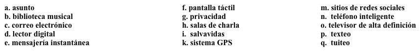 Perspectivas globales: La tecnología  Tienes que escribir una serie de ensayos sobre diferentes temas relacionados con la globalización. Para el primer ensayo, tienes que explicar cómo la tecnología contribuye a la globalización. Completa los espacios en blanco con la opción apropiada.   La tecnología moderna ha cumplido un papel importante en la globalización. En siglos anteriores, si una persona emigraba a otro lugar, muchas veces perdía contacto con su familia en su país de origen. En cambio, hoy, la tecnología permite que todos estemos en contacto con personas en cualquier parte del mundo.  Antes, si se enviaba una carta a otro país, tardaba meses en llegar. Ahora, si mandas un 1. ______, llega casi instantáneamente. Antes, si una persona quería mantener su lengua nativa, tenía que vivir en una comunidad de inmigrantes del mismo país. Ahora, puede comunicarse con sus amigos en otros países en los 2. ______, en las 3. ______, o con la 4. ______.  Incluso puede usar programas como Skype para hablar por teléfono, y ¡no cuesta nada!En épocas pasadas, si una persona quería tener acceso a los periódicos y otros medios de comunicación de un país, era necesario vivir en ese país, o quizás tener un amigo que le enviara los periódicos. Ahora, con un 5. ______, puede leer las noticias de otro país al mismo tiempo que se publica la noticia. Con tecnologías como el 6. ______ y el 7. _______, a veces ni siquiera es necesario esperar hasta que publique un evento en el periódico; los ciudadanos sirven como reporteros y pueden publicar noticias en tiempo real.Quizás lo más impresionante de esta tecnología es que se puede acceder a tanta información fácilmente con un 8. ______. Ni siquiera es necesario estar en casa; una persona puede estar en cualquier lugar y tener acceso a toda esa información. Uno de los problemas que se experimenta ahora a causa de toda esta tecnología es la pérdida de la 9. ______. Ya que todo el mundo puede publicar cualquier cosa en Internet, resulta cada vez más difícil guardar seguramente la información personal.