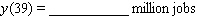 In 2004 the Texas Bureau of Economic Geology published a study on the economic impact of using carbon dioxide enhanced oil recovery (EOR)technology to extract additional oil from fields that have reached the end of their conventional economic life. The table gives the approximate number of jobs for the citizens of Texas that would be created at various levels of recovery. Find the regression line.   y = __________ x + __________ Use the regression line to estimate the number of jobs that would be created at a recovery level of 39%.  