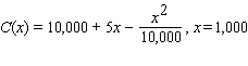 For the cost function, find the marginal cost at the given production level x .   A) $5.00 per item B) $5.20 per item C) $4.80 per item D) $4.81 per item E) $4.78 per item