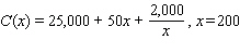 For the cost function C ( x ) , find the marginal cost at the given production level x .   A) $39.96 per item B) $49.95 per item C) $49.97 per item D) $51.25 per item E) $40.00 per item
