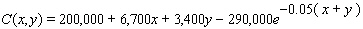 Your weekly cost (in dollars) to manufacture   cars and   trucks is given by   What is the marginal cost of a car? Of a truck? A) Marginal cost of a car is 6,700 - 2.7183 e <sup>0.05 ( x + y ) </sup> marginal cost of a truck is 3,400 - 2.7183 e <sup>0.05 ( x + y ) </sup> B) Marginal cost of a car is 6,700 - 2.7183 e <sup>- 0.05 ( x - y ) </sup> marginal cost of a truck is 3,400 - 2.7 e <sup>- 0.05 ( x - y ) </sup> C) Marginal cost of a car is 3,400 + 2.7183 e <sup>0.05 ( x + y ) </sup> marginal cost of a truck is 6,700 + 2.7183 e <sup>0.05 ( x + y ) </sup> D) Marginal cost of a car is 6,700 + 2.7183 e <sup>- 0.05 ( x + y ) </sup> marginal cost of a truck is 3,400 + 2.7183 e <sup>- 0.05 ( x + y ) </sup> E) Marginal cost of a car is 6,700 + 2.7183 e <sup>- 0.05 x </sup> marginal cost of a truck is 3,400 + 2.7183 e <sup>- 0.05 y </sup>