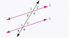  Using the figure below,   find  \angle 8   if  l _ { 1 }  is parallel to  l _ { 2 }  with  \angle 2 = 18 ^ { \circ }  .   A)   161 ^ { \circ }  B)   162 ^ { \circ }  C)   71 ^ { \circ }  D)   18 ^ { \circ }  E)  none of these 