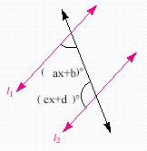  In the figure below,  l _ { 1 }   is parallel with   l _ { 2 }  . Find x , if  a = 6  ,  b = 10  ,  c = 4   and  d = - 10  .   A)   162 ^ { \circ }  B)   342 ^ { \circ }  C)   252 ^ { \circ }  D)   18 ^ { \circ }  E)  none of these 