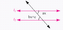  In the figure below,  l _ { 1 }   is parallel with  l _ { 2 }  . Find x , if  a = 5  ,  b = 4   and  c = 17  .   A)   292 ^ { \circ }  B)   17 ^ { \circ }  C)   146 ^ { \circ }  D)   163 ^ { \circ }  E)  none of these 