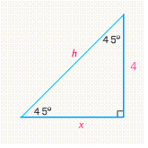  Find the missing side lengths in each triangle. Give the exact answer and then an approximation to two decimal places, when appropriate.   A)   x = 4 , h = 5  B)   x = 5 , h = 5 \sqrt { 2 } \approx 5.66  C)   x = 4 \sqrt { 2 } \approx 5.66 , h = 4  D)   x = 4 , h = 4 \sqrt { 2 } \approx 5.71  E)   x = 4 , h = 4 \sqrt { 2 } \approx 5.66