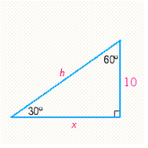  Find the missing side lengths in the triangle. Give the exact answer and then an approximation to two decimal places, when appropriate.   A)   x = 10 \sqrt { 3 } \approx 17.35 , h = 20  B)   x = 10 \sqrt { 3 } \approx 17.32 , h = 20  C)   x = 20 , h = 10 \sqrt { 3 } \approx 17.32  D)   x = 21 , h = 10 \sqrt { 3 } \approx 17.35  E)   x = 10 \sqrt { 3 } \approx 17.32 , h = 21