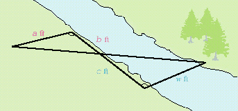  Use the dimensions in the illustration to find w , the width of the river, if  a = 16  ,  b = 20  , and  c = 80  .   A)  64 B)  80 C)   \frac { 1 } { 27 }  D)   \frac { 36 } { 5 }  E)  none of these 